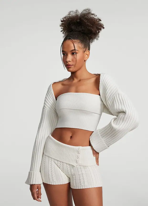 Ribbed Knit Shrug in White, front view