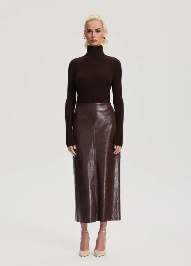 Ribbed Wool Blend Turtleneck in Brown, front view