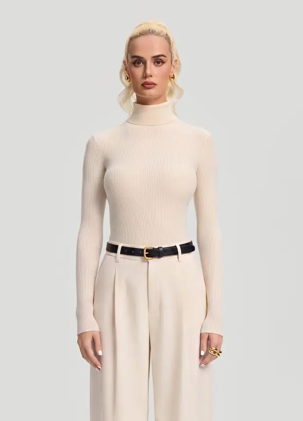 Ribbed Wool Blend Turtleneck in Ivory, front view