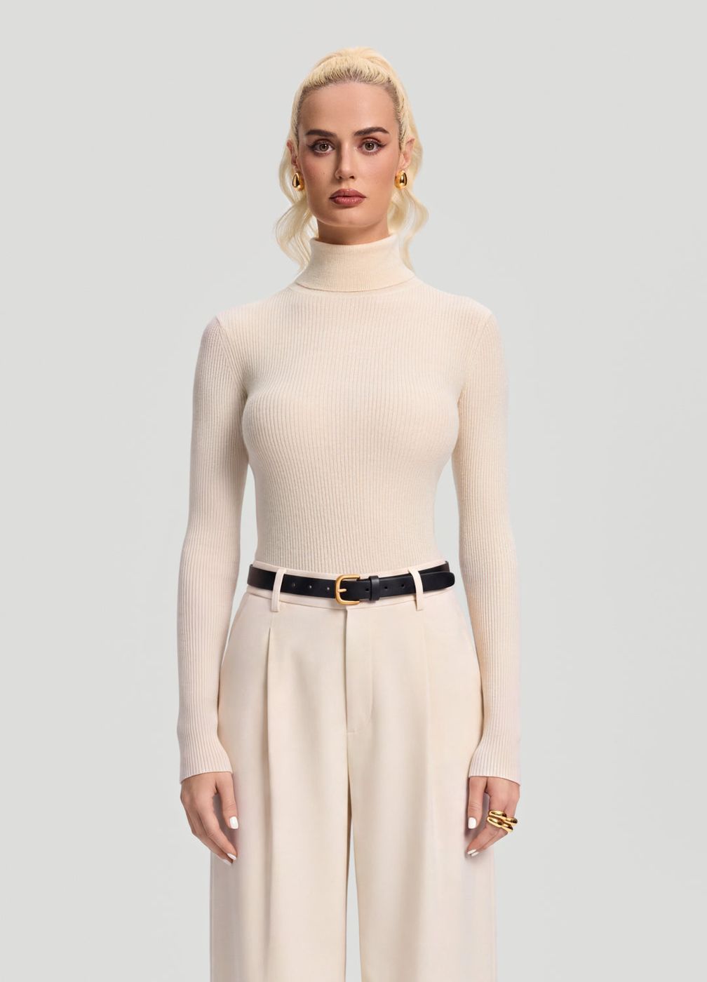 Ribbed Wool Blend Turtleneck in Ivory, front view