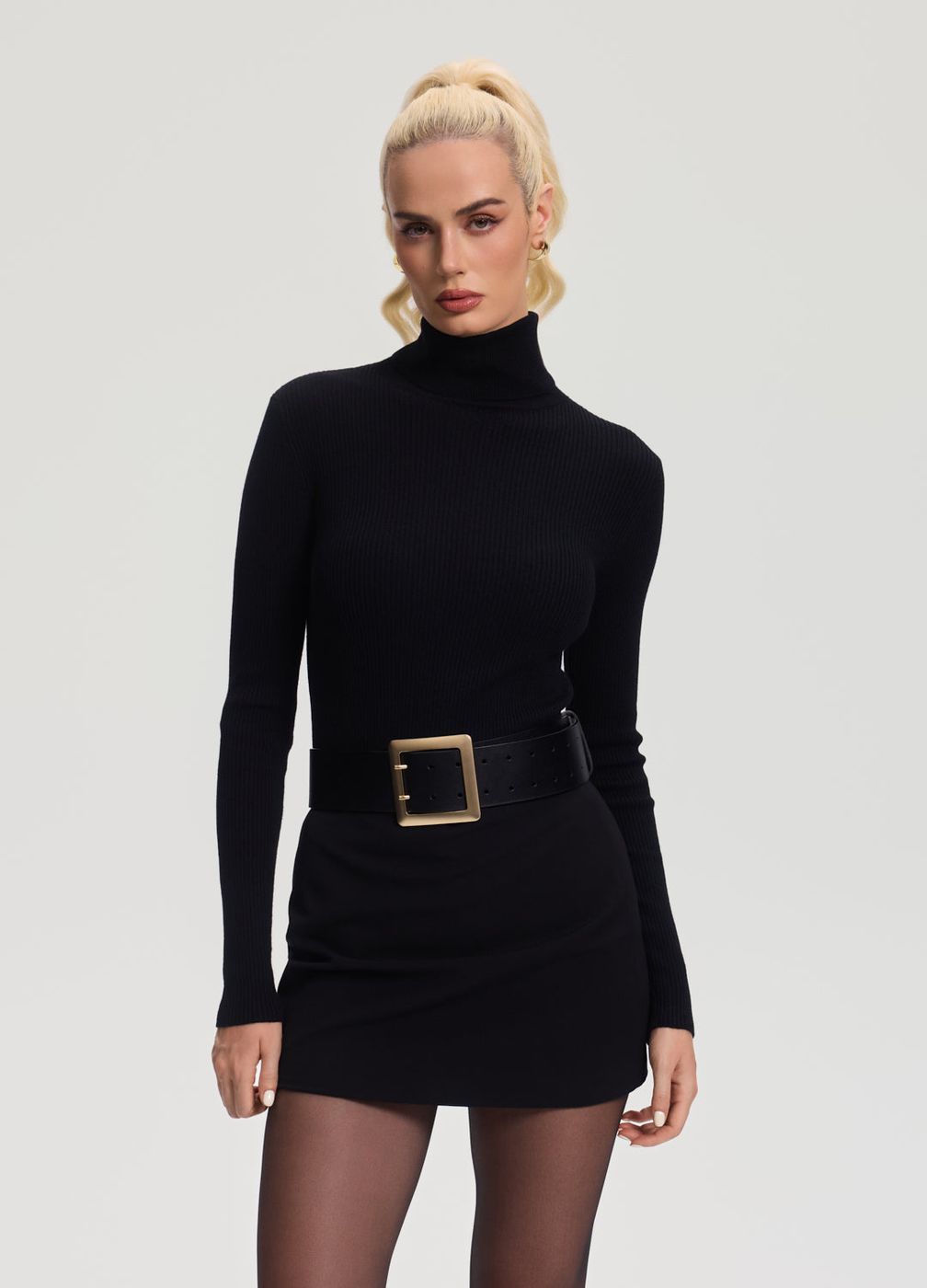 Ribbed Wool Blend Turtleneck in Black, front view