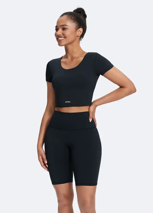 Round Neck Crop Top in Black, front view