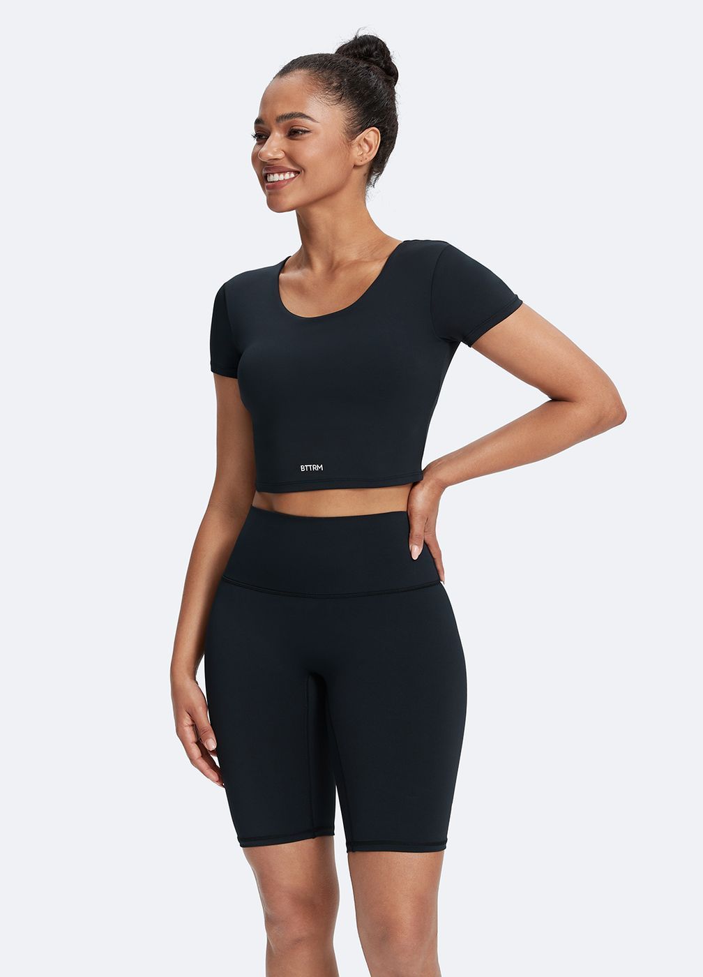 Round Neck Crop Top in Black, front view