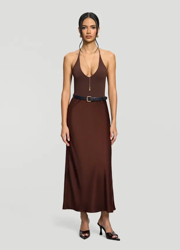 Satin Midi Skirt in Brown, front view