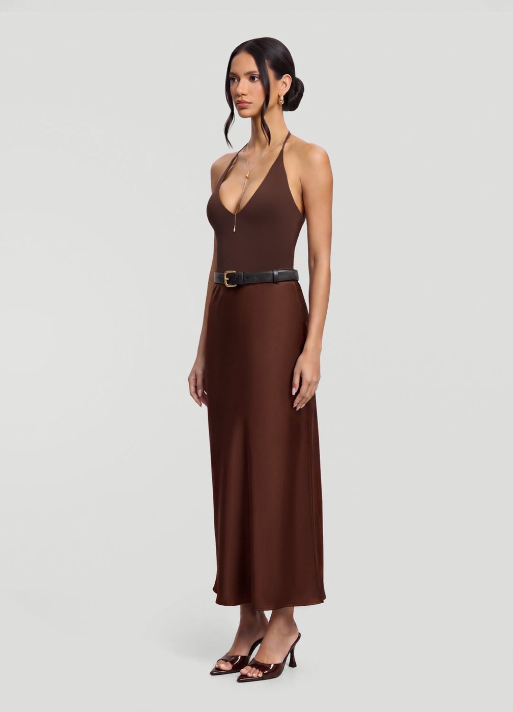 Satin Midi Skirt in Brown, second view