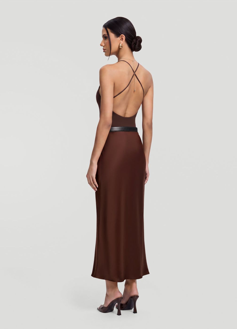 Satin Midi Skirt in Brown, detail