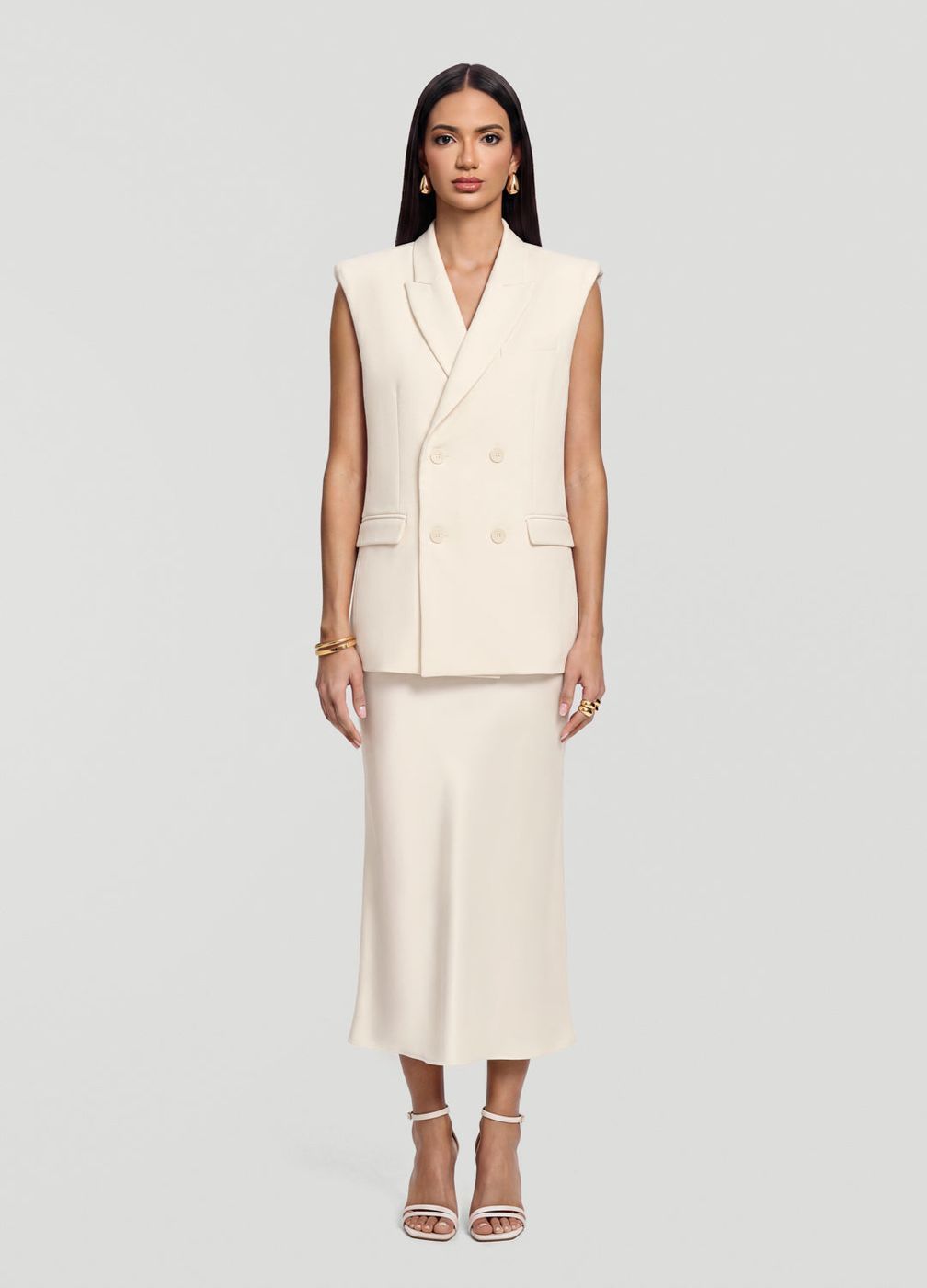 Satin Midi Skirt in Ivory, front view