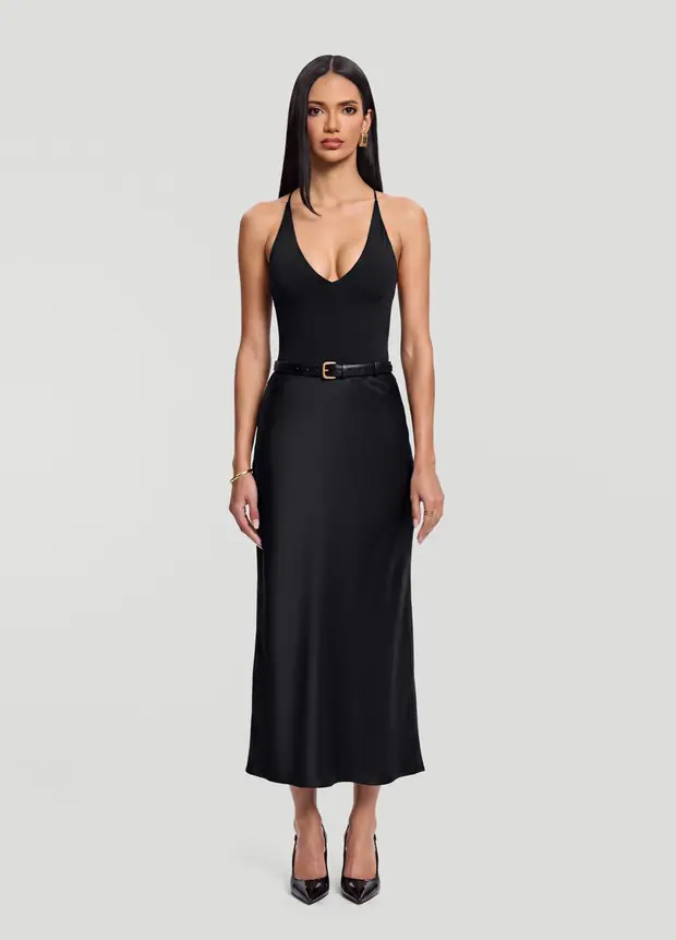 Satin Midi Skirt in Black, front view