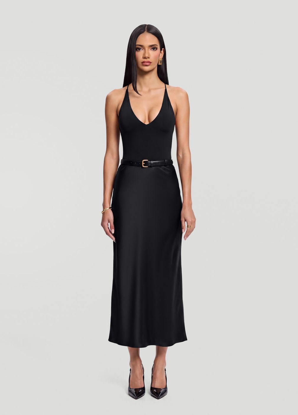 Satin Midi Skirt in Black, front view