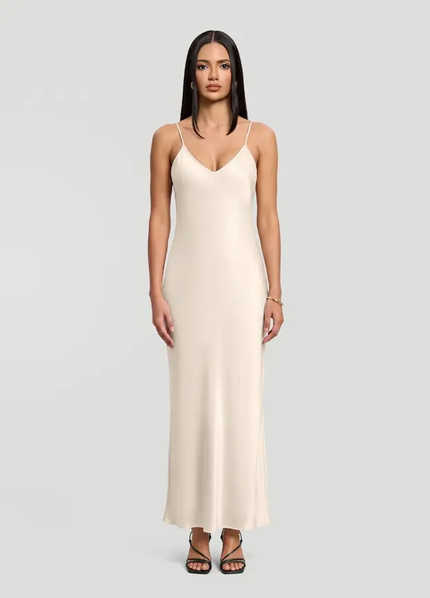 Satin Slip Maxi Dress in Ivory, front view