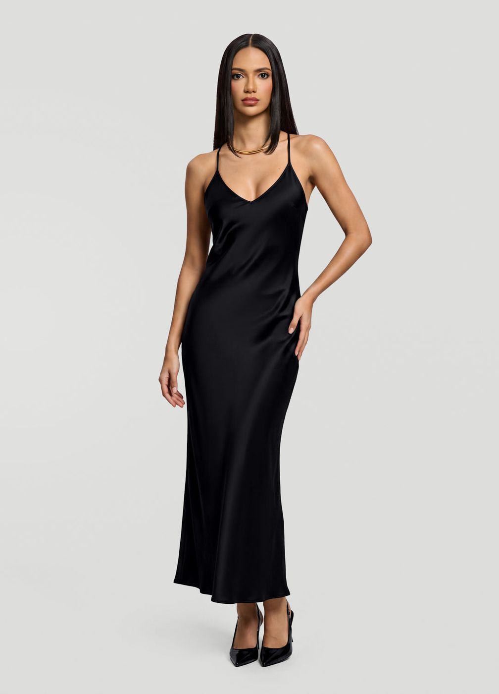 Satin Slip Maxi Dress in Black, front view