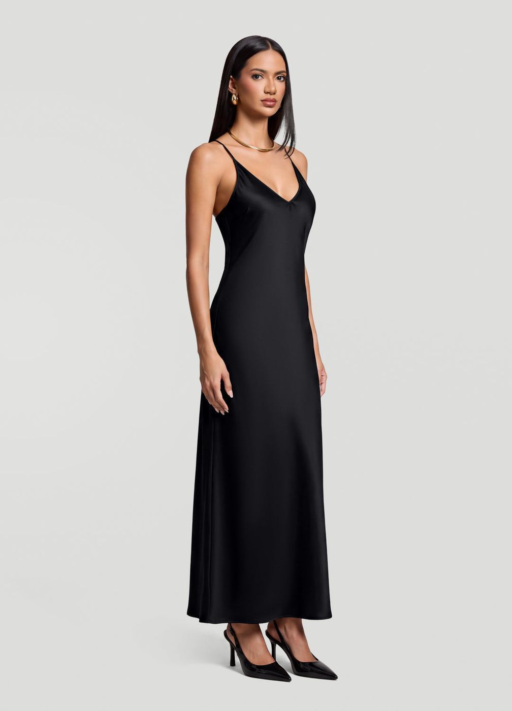 Satin Slip Maxi Dress in Black, second view