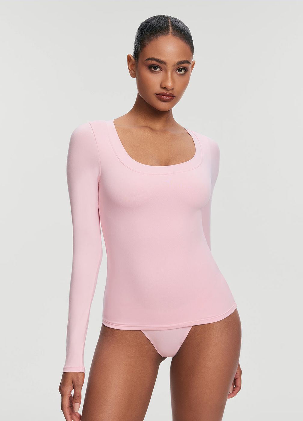 Scoop Neck Long Sleeve Top in Ballet Pink, detail