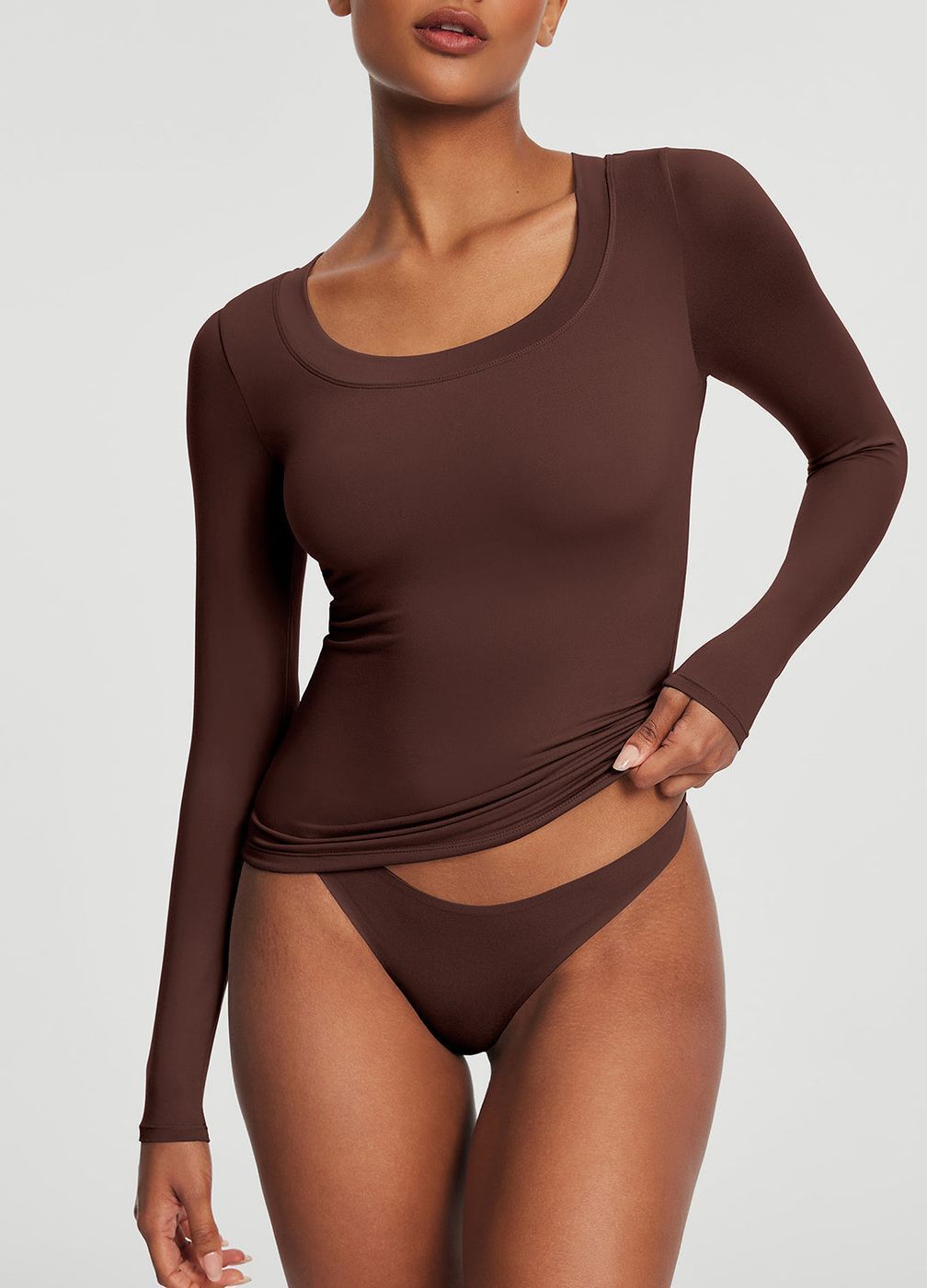 Scoop Neck Long Sleeve Top in Chocolate, front view
