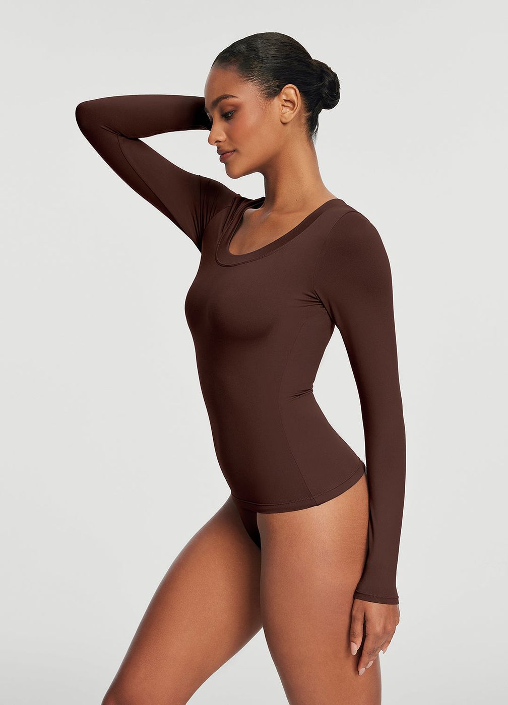 Scoop Neck Long Sleeve Top in Chocolate, detail