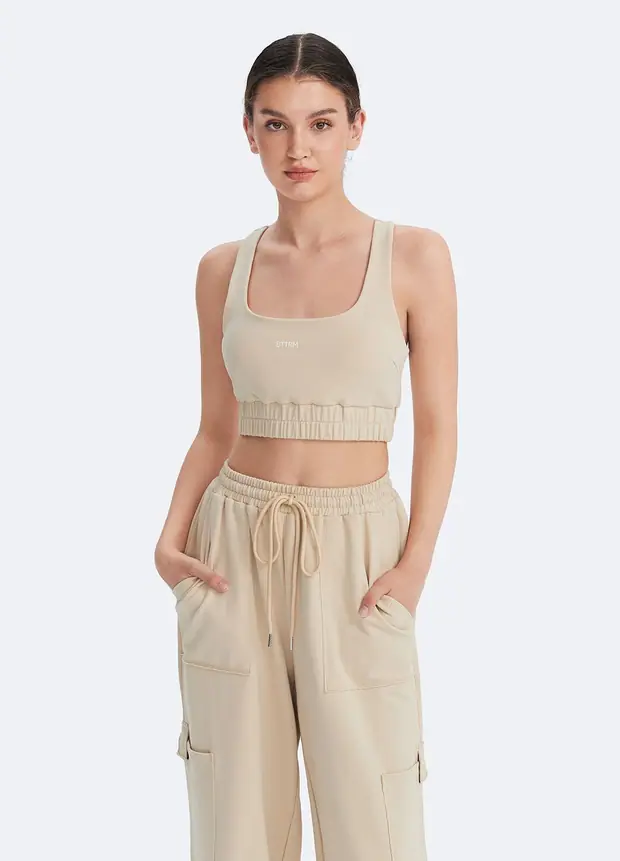 Scoop Neck Racerback Bra in Oat Milk Beige, front view