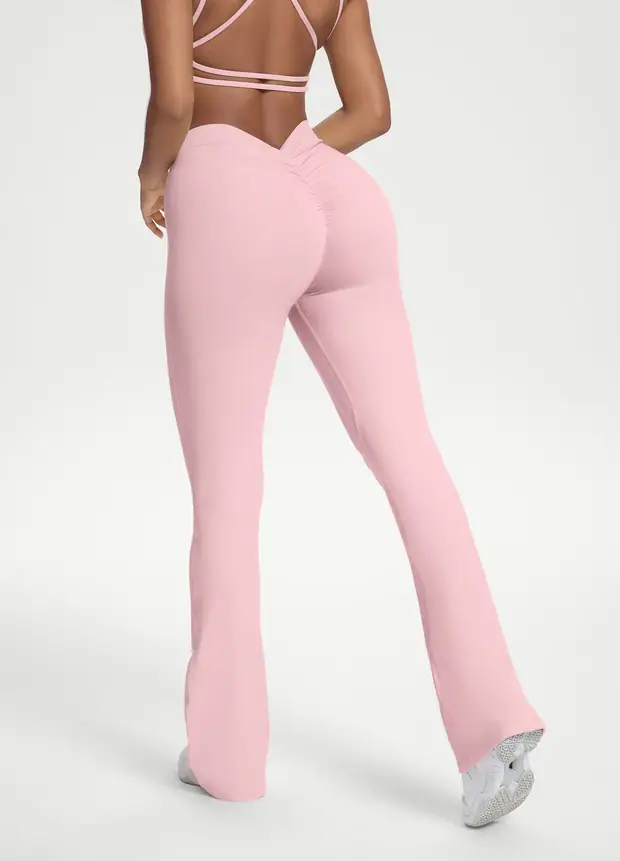 Scrunch Back Flared Leggings in Ballet Pink, front view