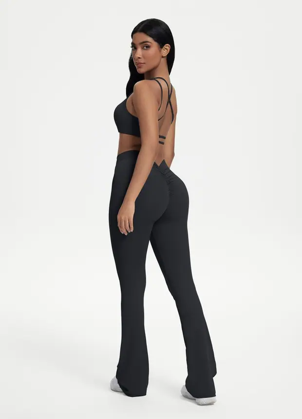 Scrunch Back Flared Leggings in Black, front view