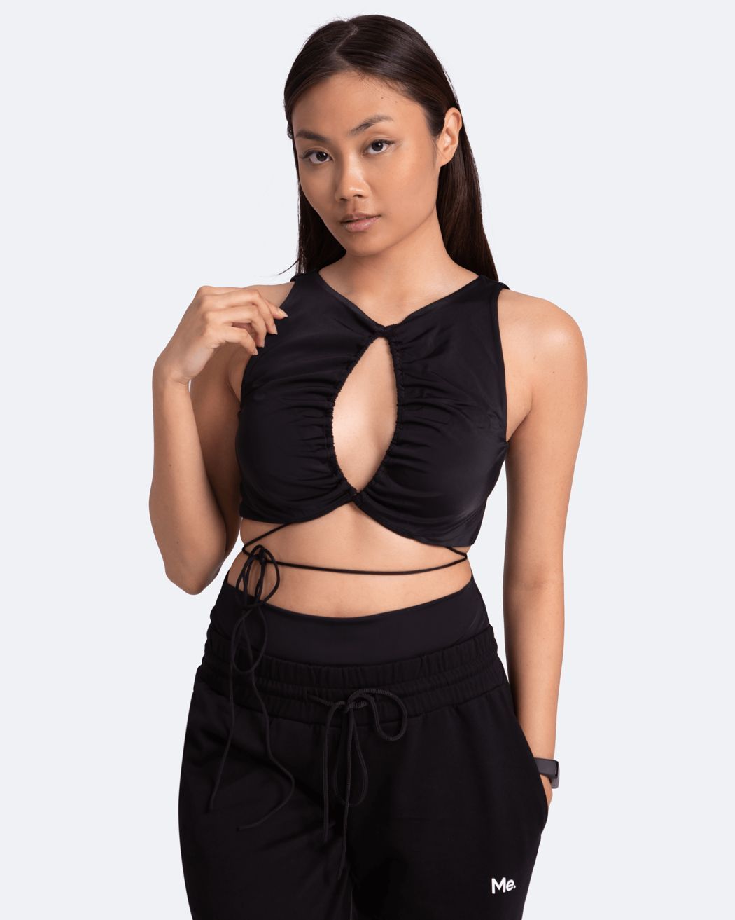 Sexy Front-tie Support Top in Black, front view
