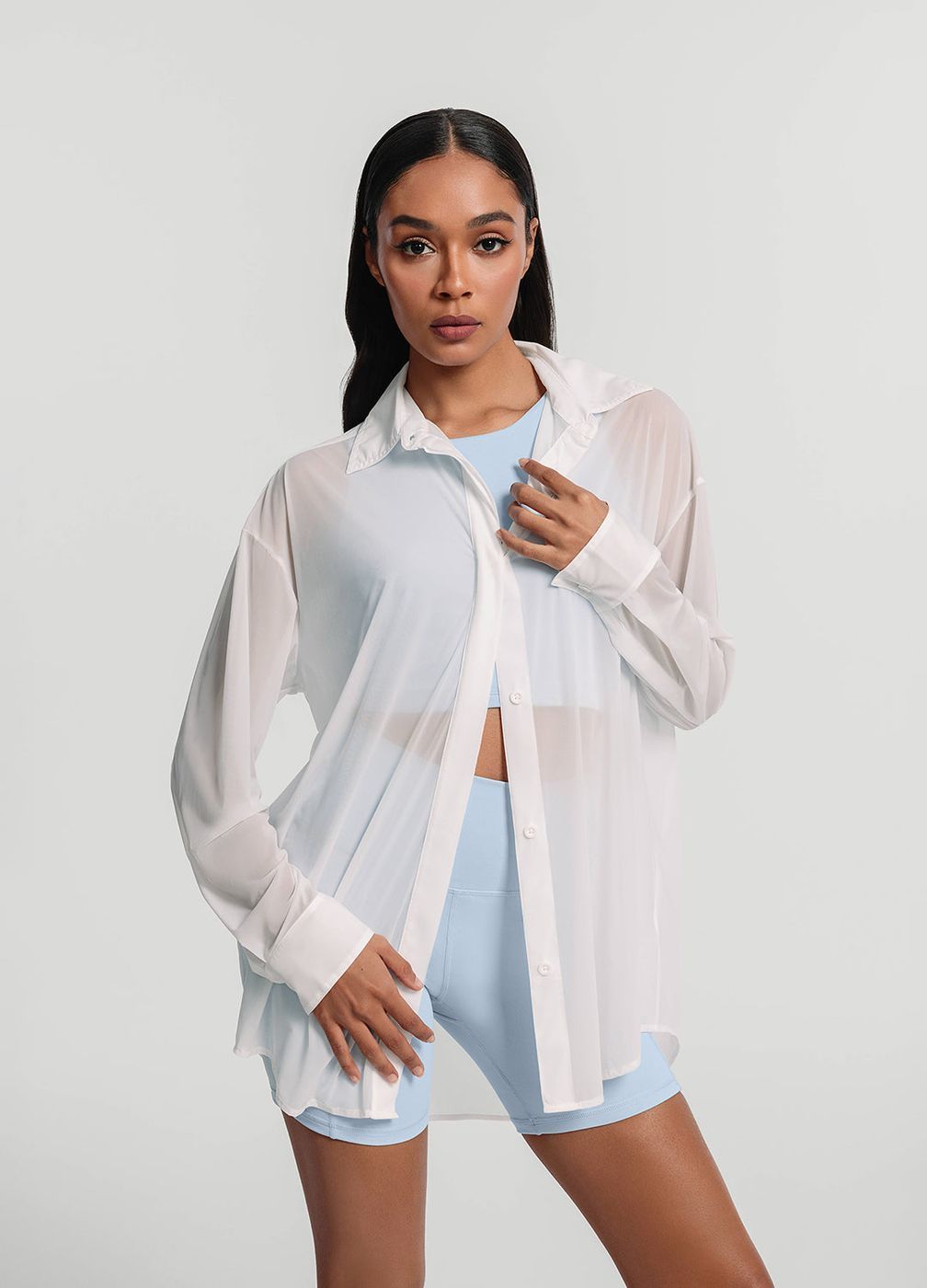 Sheer Button-up Shirt in White, second view