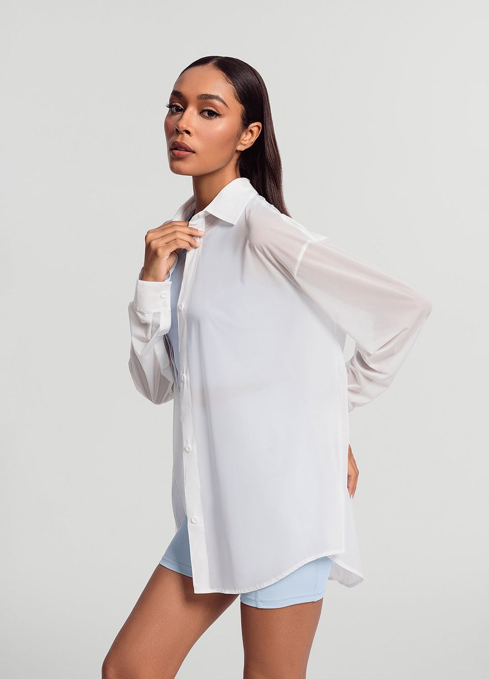 Sheer Button-up Shirt in White, detail