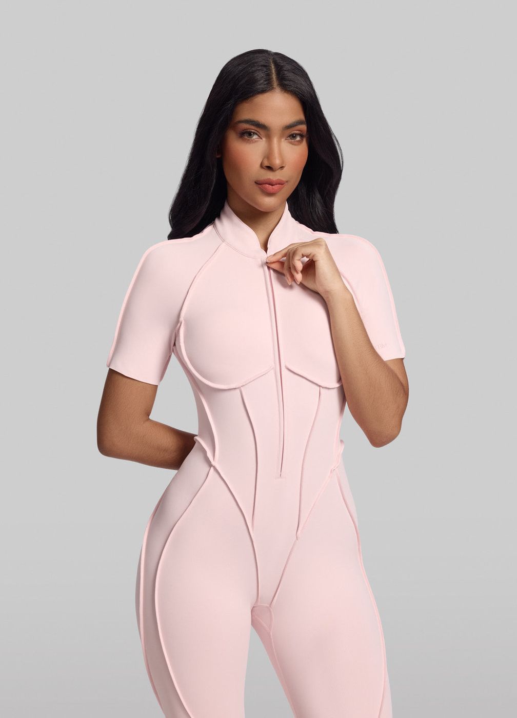 Short Sleeve Full-length Catsuit in Ballet Pink, front view