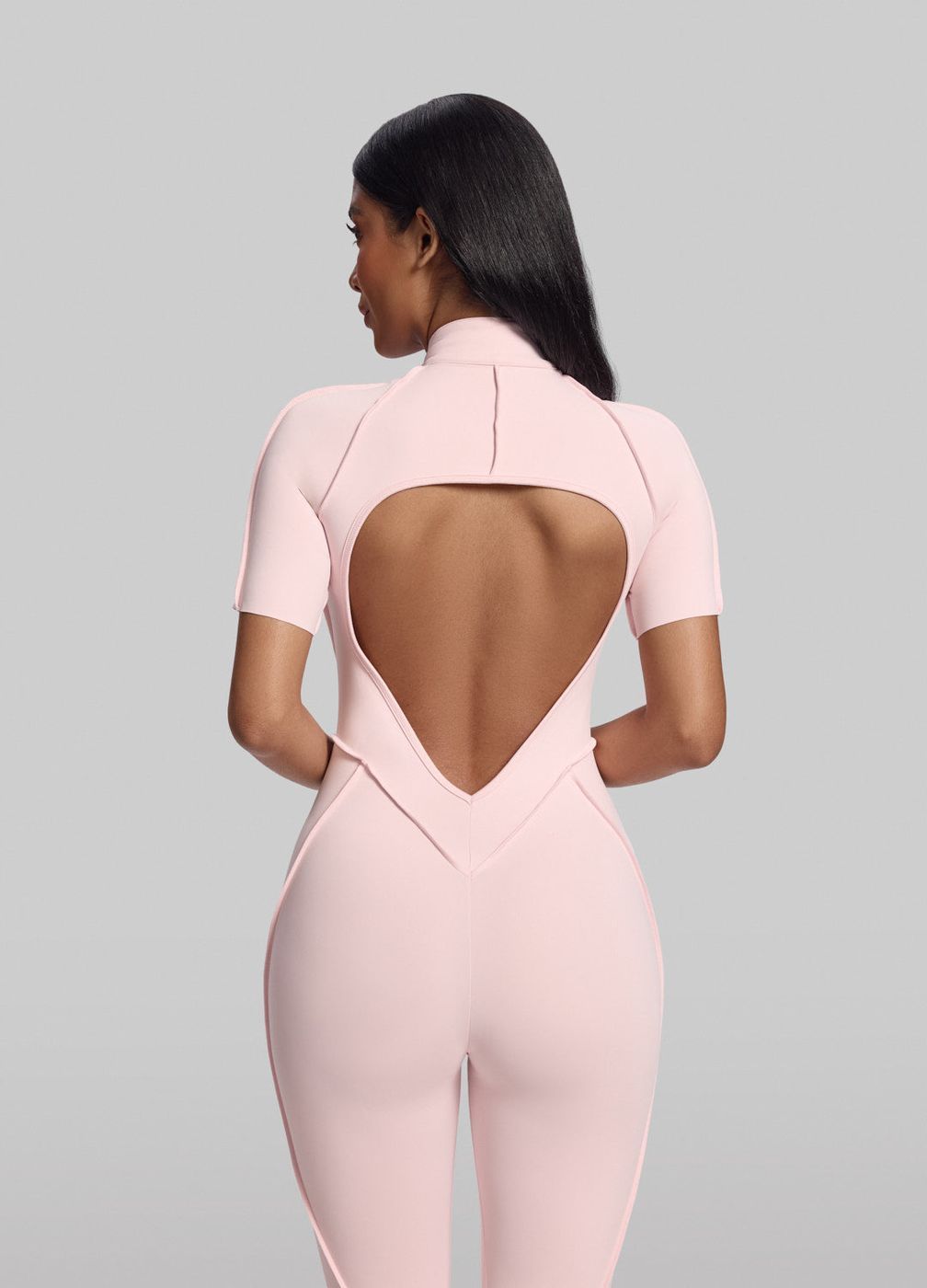 Short Sleeve Full-length Catsuit in Ballet Pink, detail