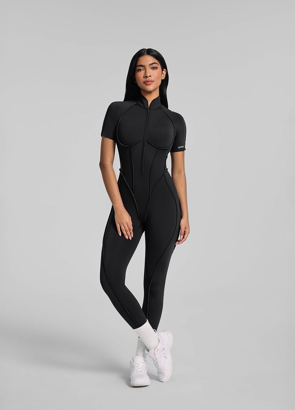 Short Sleeve Full-length Catsuit in Black, front view