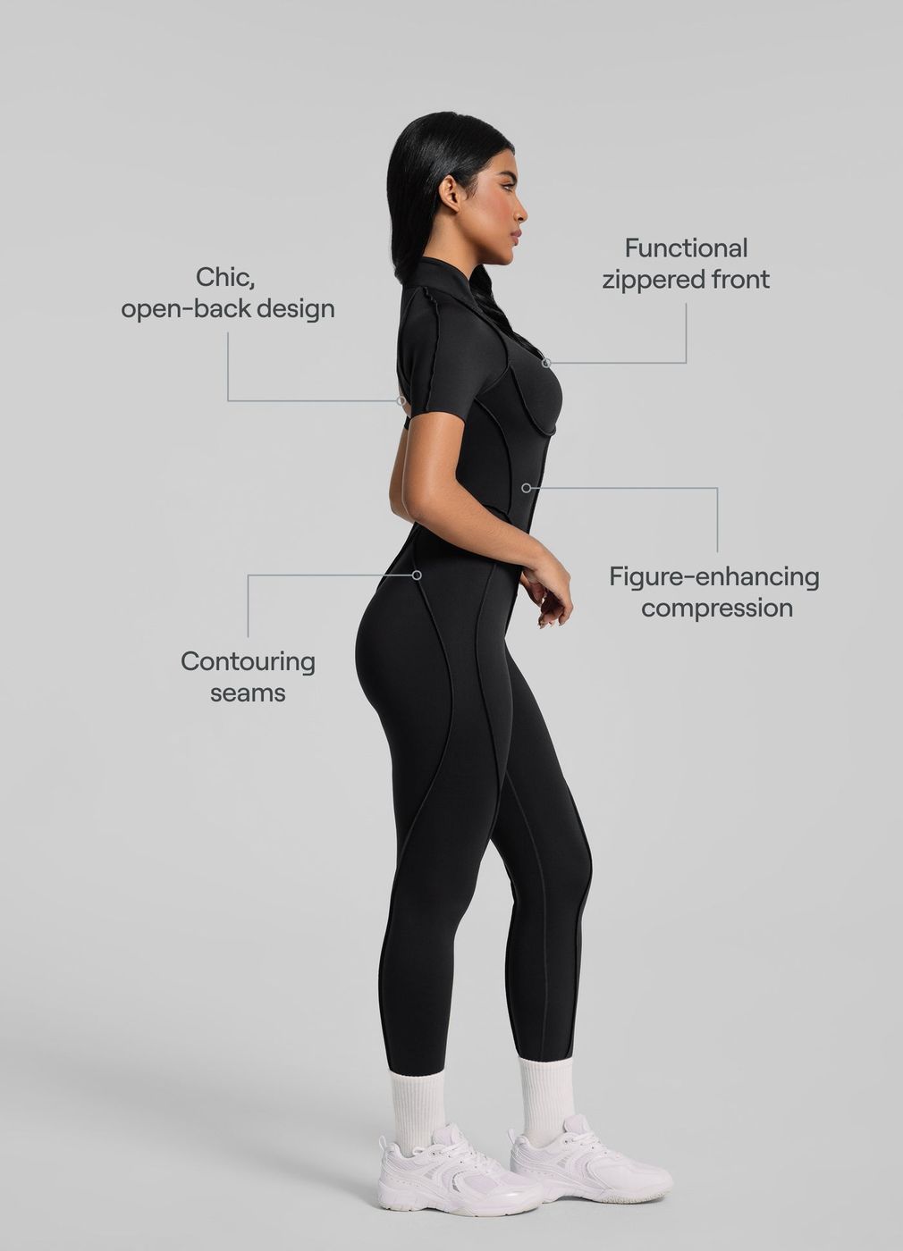Short Sleeve Full-length Catsuit in Black, second view