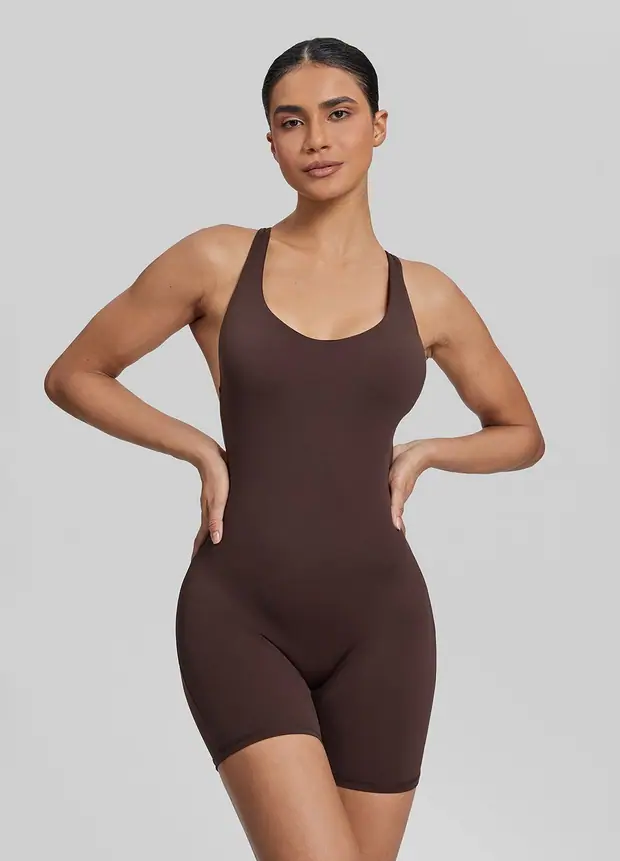 Shorts Crossback Bodysuit in Chocolate, front view