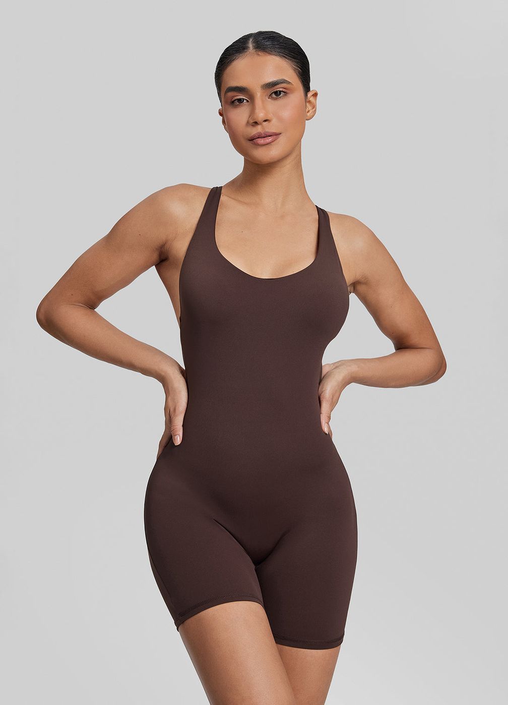 Shorts Crossback Bodysuit in Chocolate, front view