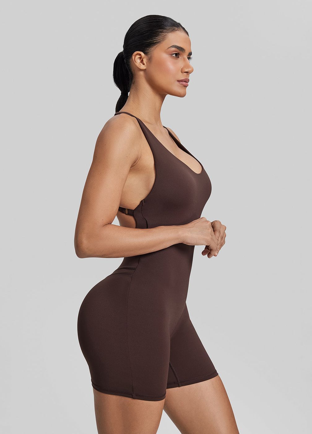 Shorts Crossback Bodysuit in Chocolate, second view