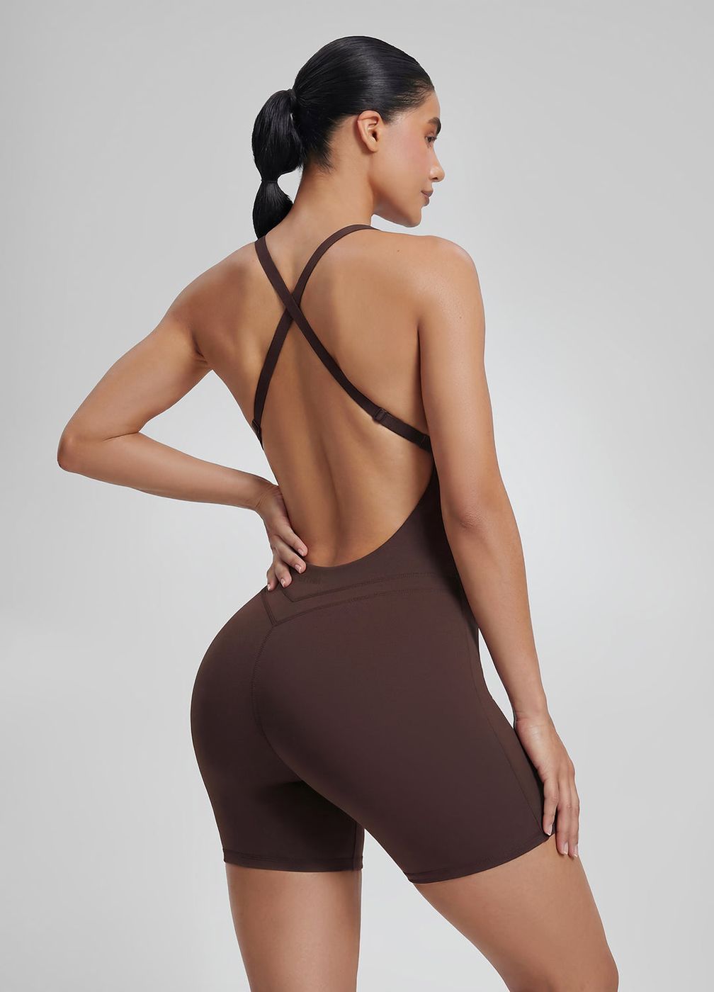 Shorts Crossback Bodysuit in Chocolate, detail