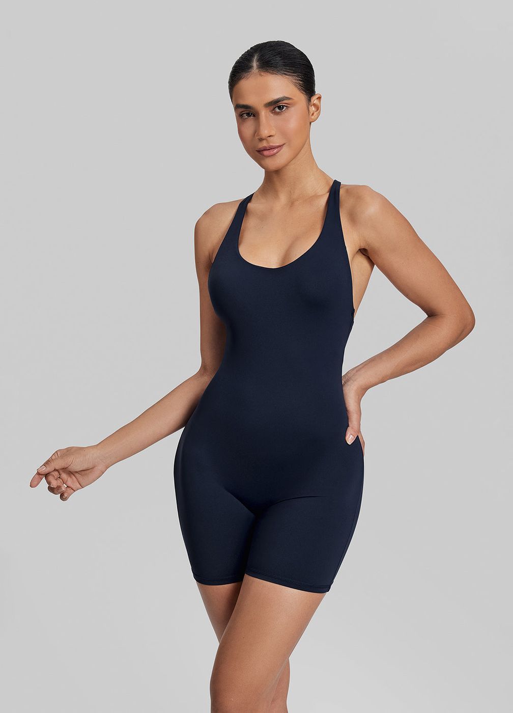 Shorts Crossback Bodysuit in Midnight Navy, front view