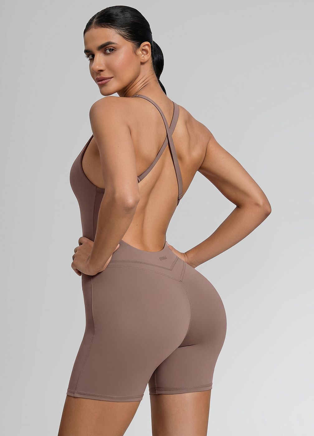 Shorts Crossback Bodysuit in Dusty Taupe, detail