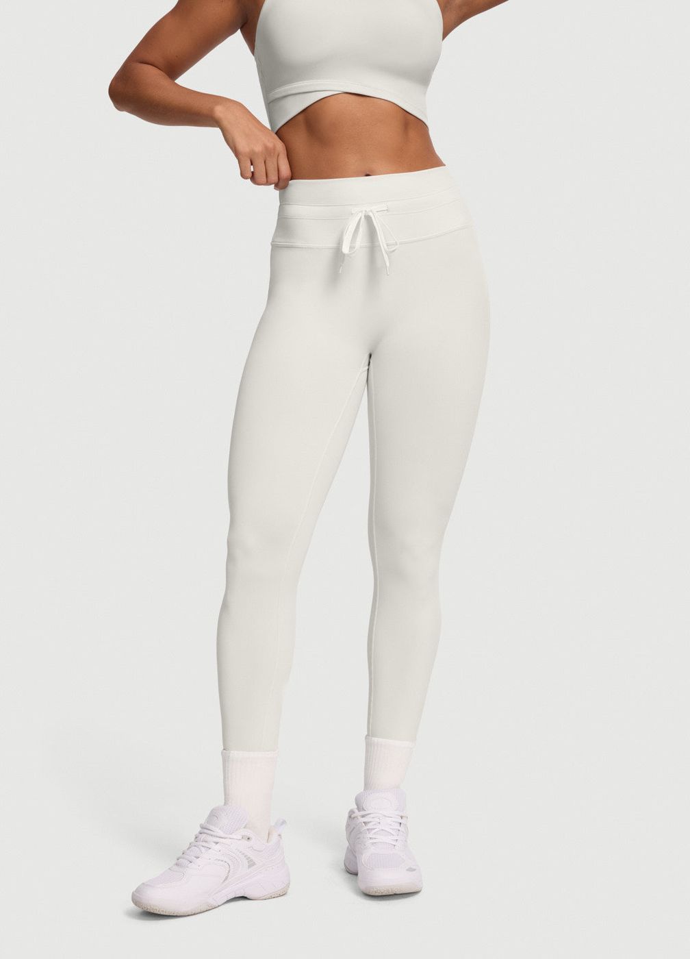 Sleek Drawstring Leggings in White, front view
