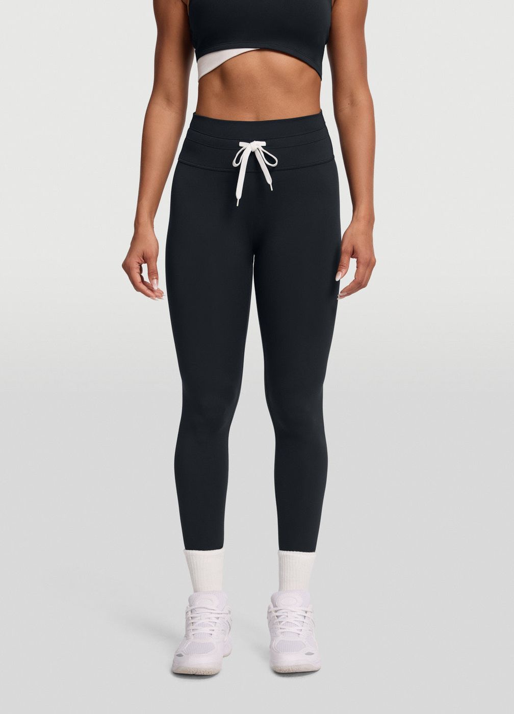 Sleek Drawstring Leggings in Black, front view