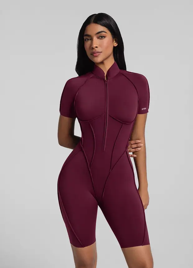 Sleek Shorts Catsuit in Burgundy, front view