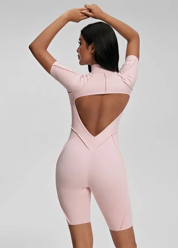 Sleek Shorts Catsuit in Ballet Pink, front view