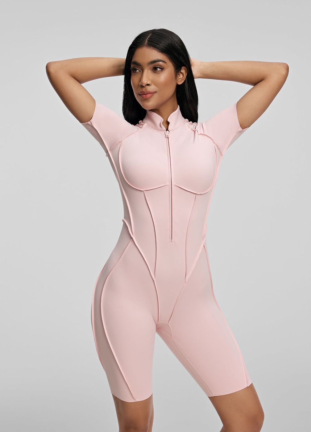 Sleek Shorts Catsuit in Ballet Pink, detail
