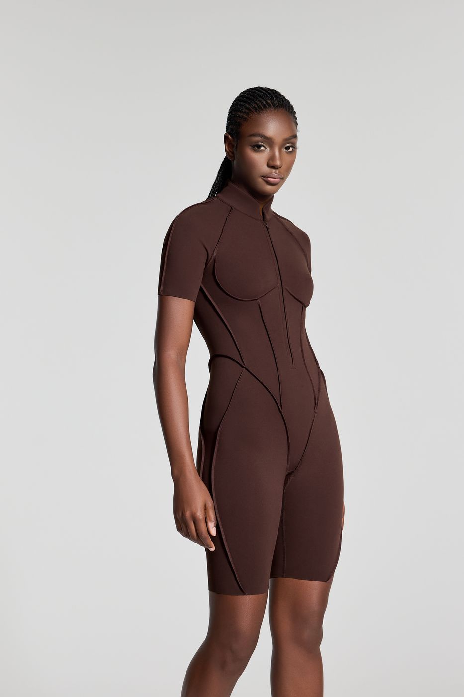 Sleek Shorts Catsuit in Chocolate, detail