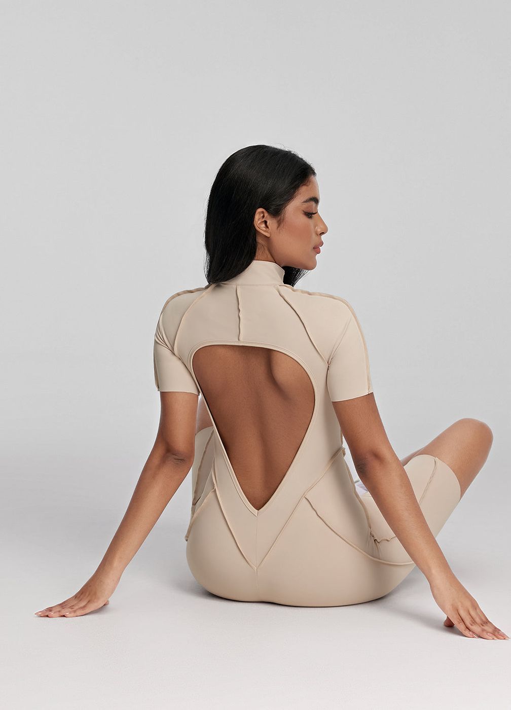 Sleek Shorts Catsuit in Oat Milk, front view