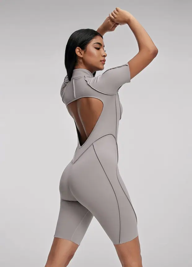 Sleek Shorts Catsuit in Cool Gray, front view