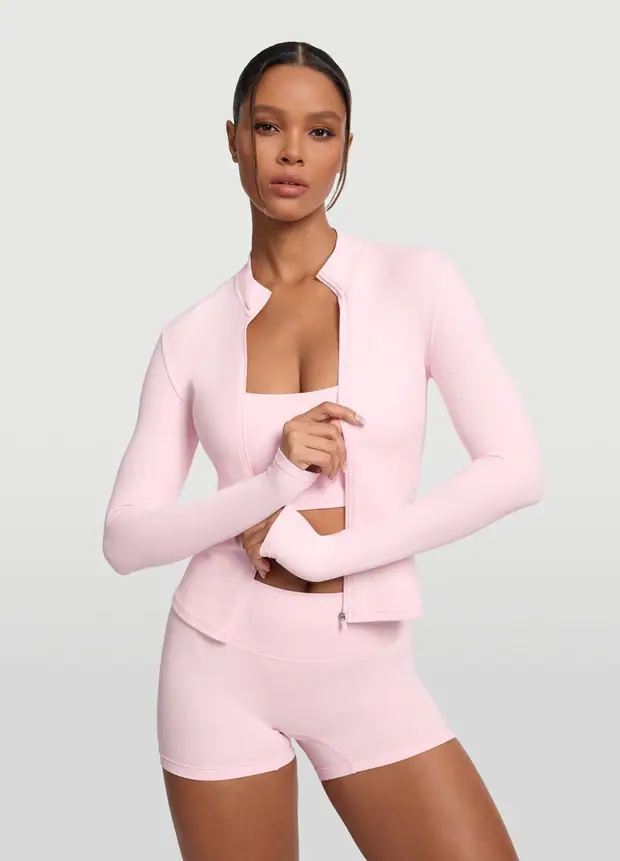 Sleek Zip-up Long Sleeve Jacket in Ballet Pink, front view