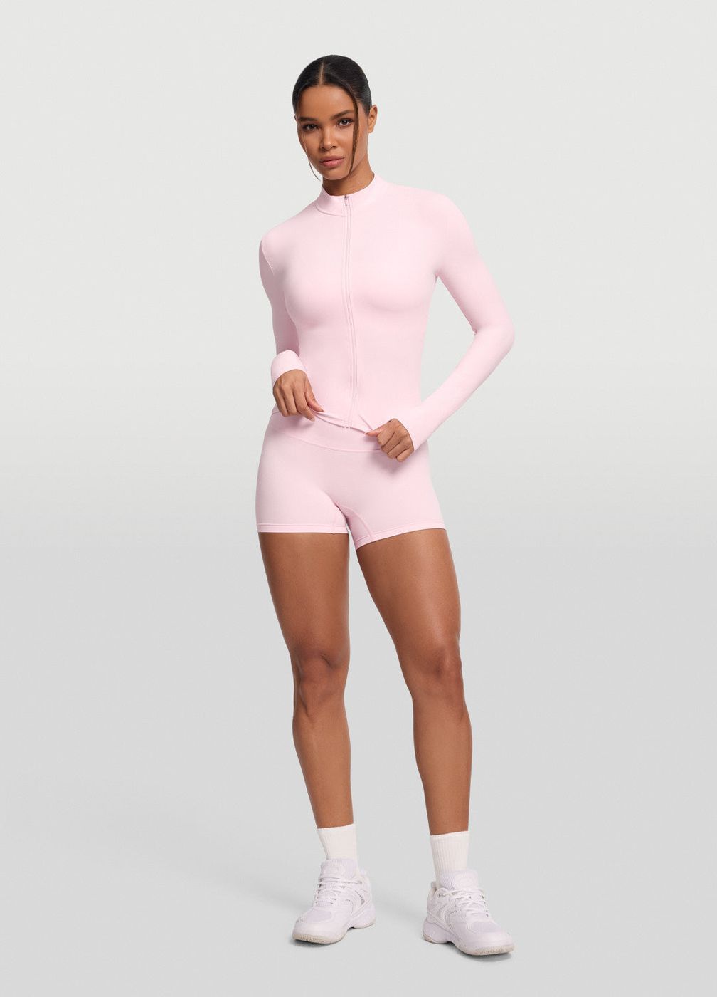 Sleek Zip-up Long Sleeve Jacket in Ballet Pink, second view
