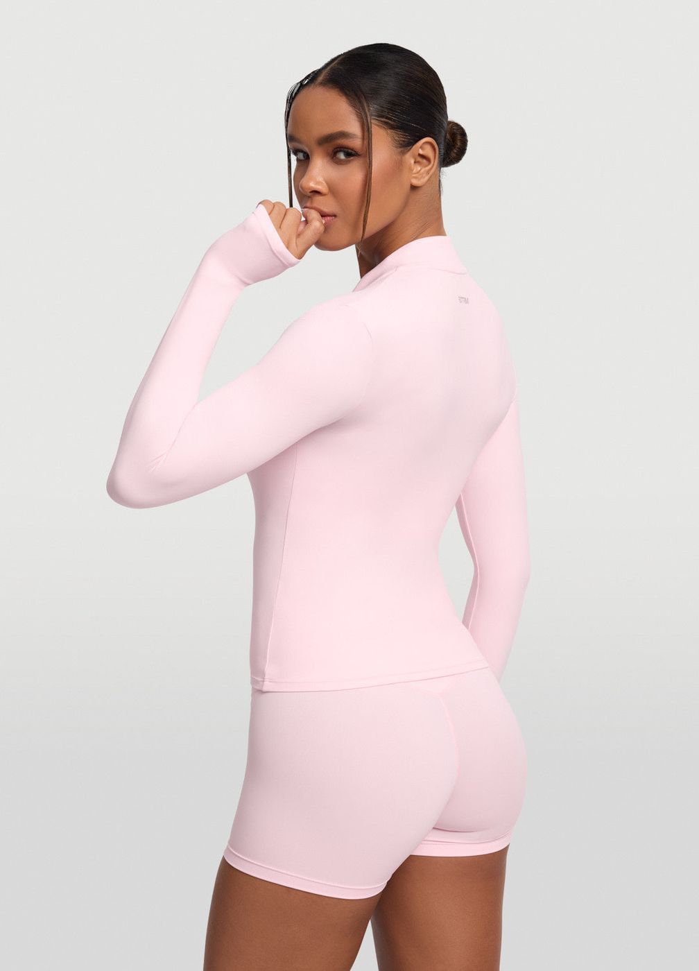 Sleek Zip-up Long Sleeve Jacket in Ballet Pink, detail