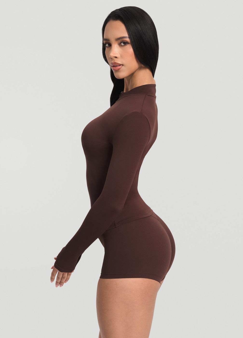 Sleek Zip-up Long Sleeve Jacket in Chocolate, second view