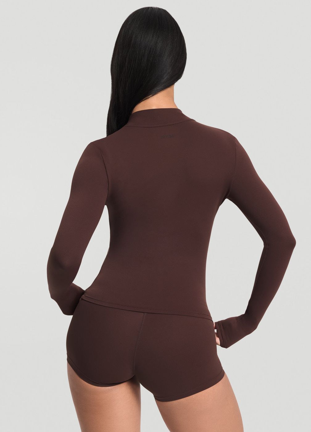 Sleek Zip-up Long Sleeve Jacket in Chocolate, detail