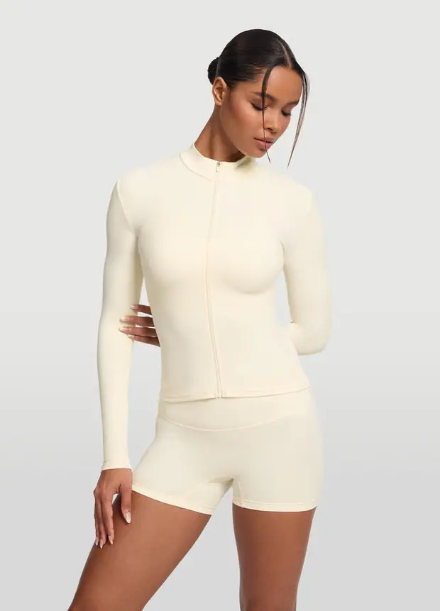 Sleek Zip-up Long Sleeve Jacket in Creamy Vanilla, front view