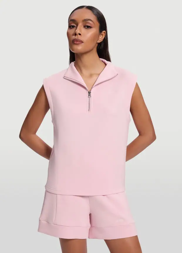 Sleeveless Half-zip Sweatshirt in Ballet Pink, front view